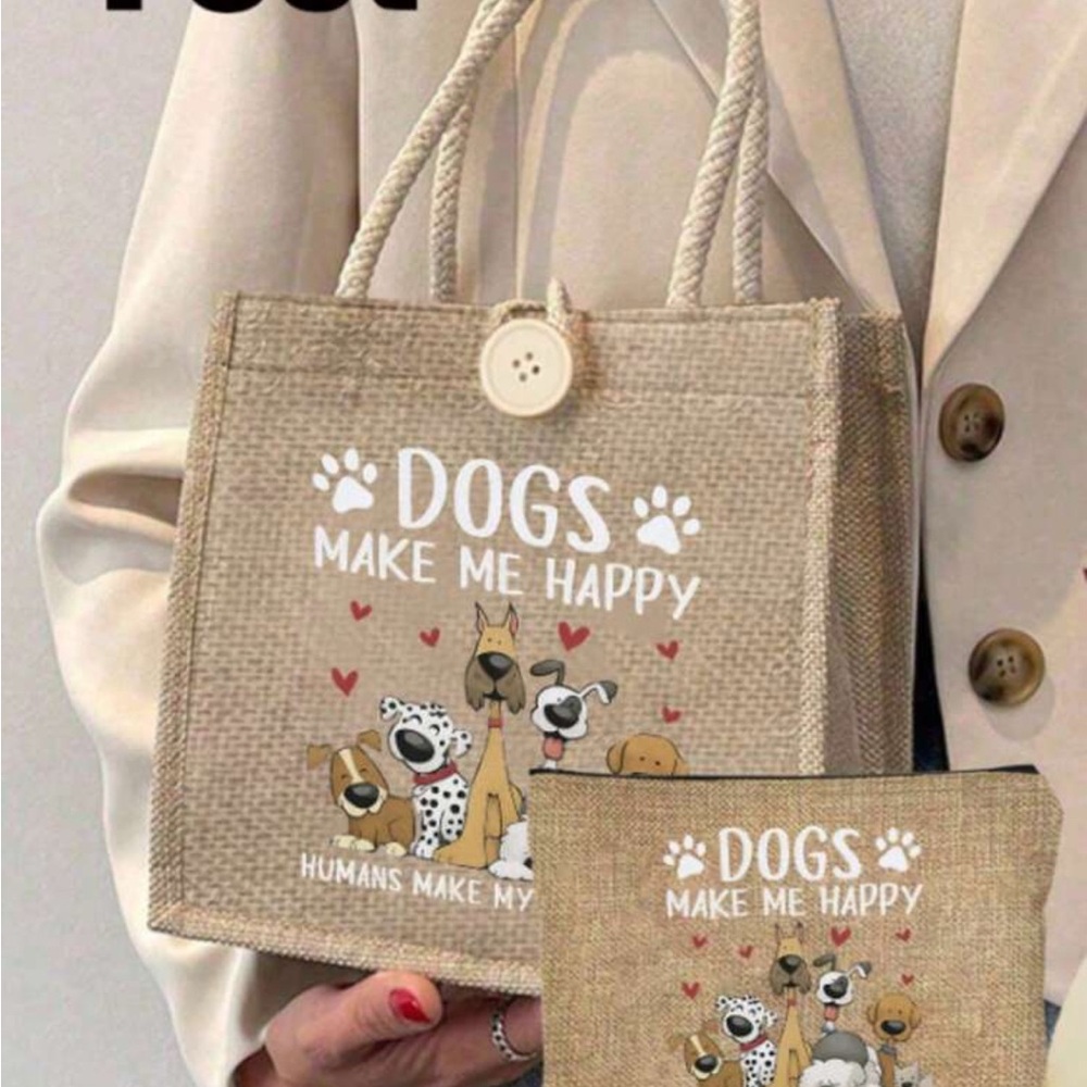 Charming 2 piece Dog Print Jute Tote Bag Set- Tan